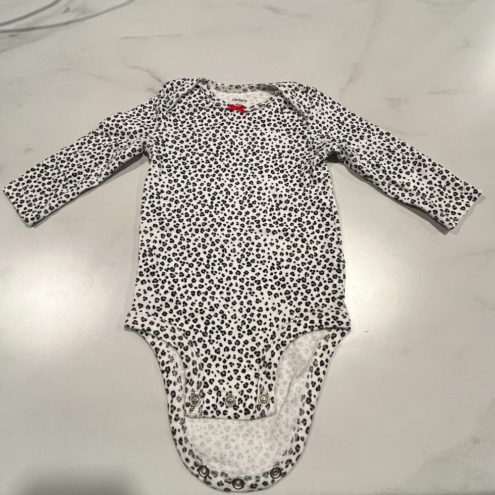 Carter's One Piece Bodysuit Baby Girls 6M White Black Leopard Print Long Sleeve